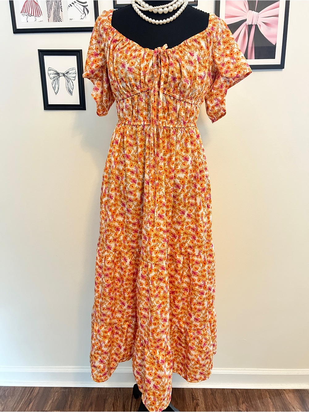 Blush Orange Pink Floral Off-Shoulder Maxi Dress